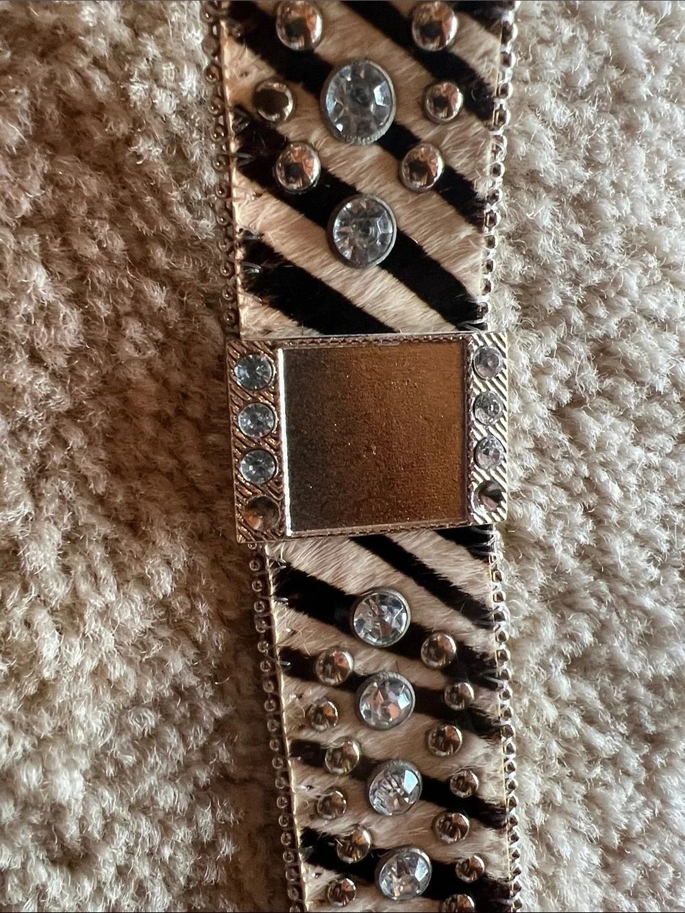 Stony Mound Black and White Zebra Haircalf Crystal-Studded Belt